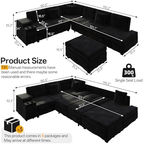 KEIKI 110" L-Shaped Oversized Plush Corduroy Modular Sectional Sofa - Image 2