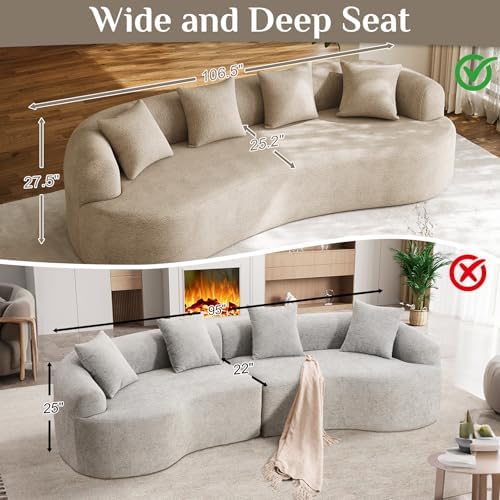 Modern Curved Couch, Oversized 4 Seater Boneless Chenille Sofa, Light Brown - Image 5