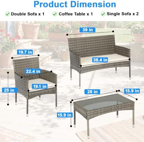 FDW 4-Piece Patio Furniture Set | Gray & Khaki | Outdoor Wicker Furniture - Image 7