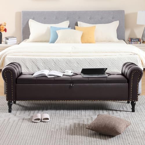 Faux Leather Storage Bench 67 Inch Upholstered Tufted Ottoman Bench - Image 4