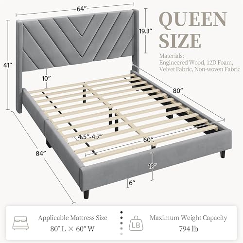 Yaheetech Queen Bed Frame with Chevron Channel-Tufted Headboard, Light Grey - Image 2
