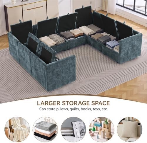 105" Blue Oversized Modular Storage Sofa, U Shaped Chenille Cloud Couch - Image 3