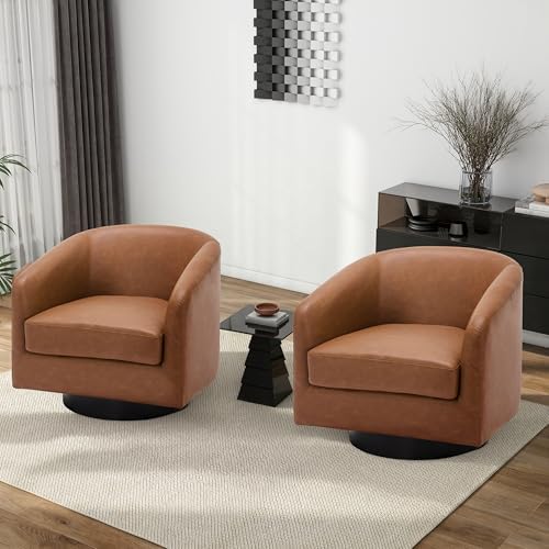 Pia Ricco Set of 2 Oversized Faux Leather 360° Swivel Barrel Accent Chair Brown by PiaRicco
