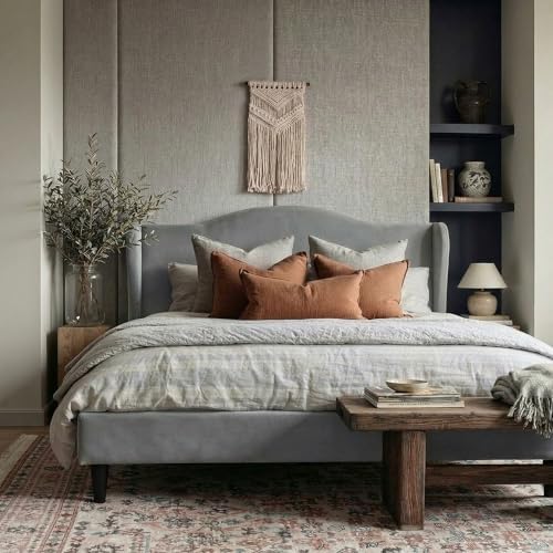Allewie King Size Bed Frame, Plush Velvet Wingback, Modern Style by Allewie