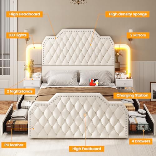 Itaar Queen Bed Frame with 53" Tall Headboard and 4 Storage Drawers, PU Leather - Image 3