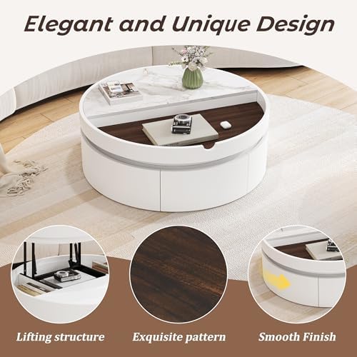 29.5" White Coffee Table with Storage Drawer, Round Lift Top Side Table - Image 4