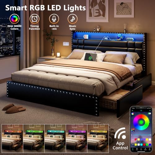 Forestell Queen Bed Frame with 4 Storage Drawers, LED Lights & Charging - Image 5