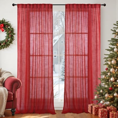 YoungsTex Red Linen Semi Sheer Curtains 84 Inch Length by YoungsTex