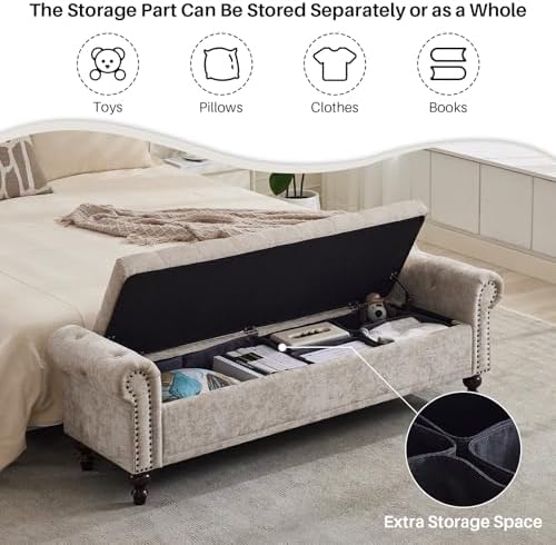 SOFTHION 67" Storage Bench for Bedroom, Chenille Upholstered, Light Brown - Image 6