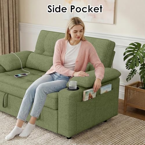 58'' Convertible Sofa Bed with USB Charger and Cup Holders, Teddy Fabric - Image 5