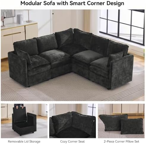 80" Dark Grey Modular Storage Sofa, V Shaped Chenille Cloud Couch - Image 6