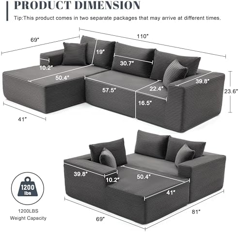 Mangodan 110” Boneless Couch, Cloud Sectional Sofa - Image 3