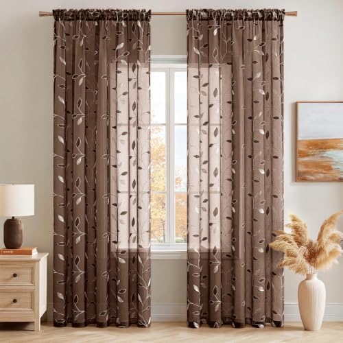 MIULEE Chocolate Brown Sheer Curtains 2 Panels Leaf Patterned, W52 x L63 - Image 2