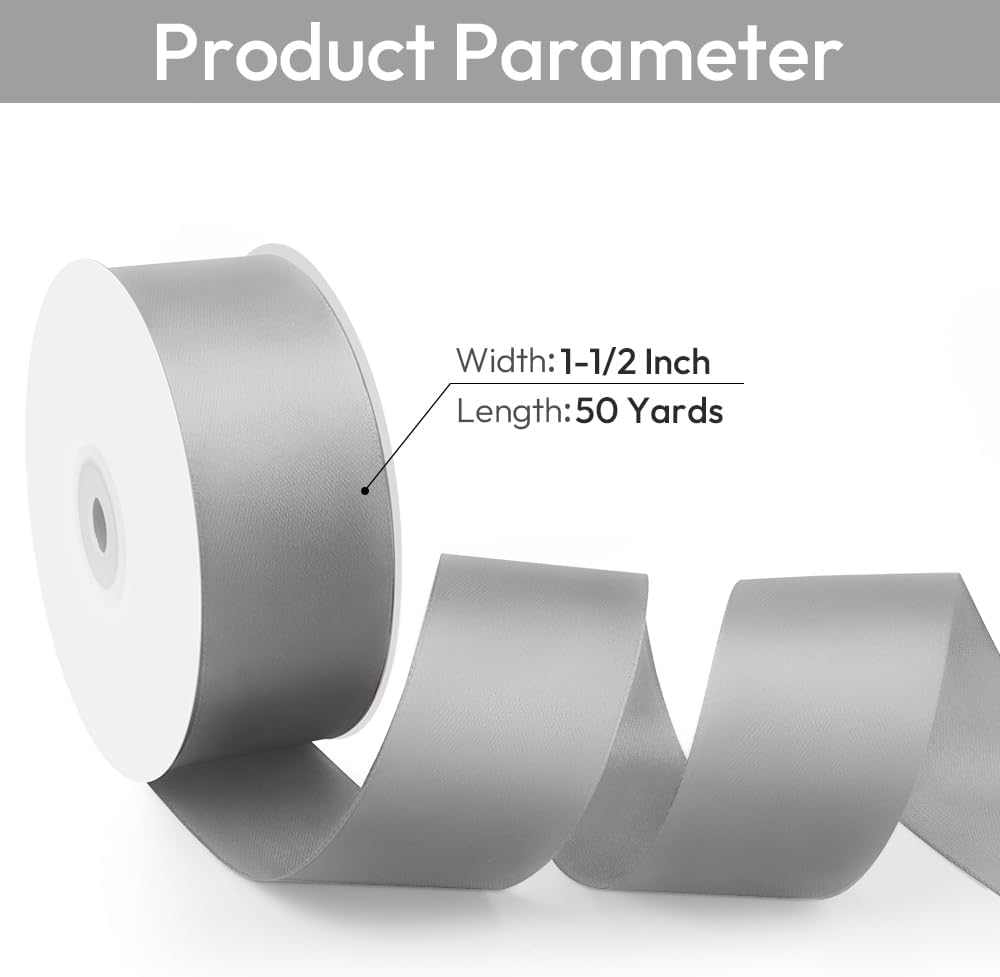 1-1/2" Width x 50 Yards Satin Fabric Ribbon, Silver Ribbon Perfect for DIY Bows, Swags, Gift Wrapping, Craft, Flower Bouquet，Christmas and Party Decoration