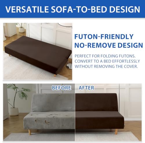 XINEAGE Velvet Armless Futon Cover, Stretch Pet Futon Slipcover, Dark Coffee - Image 6