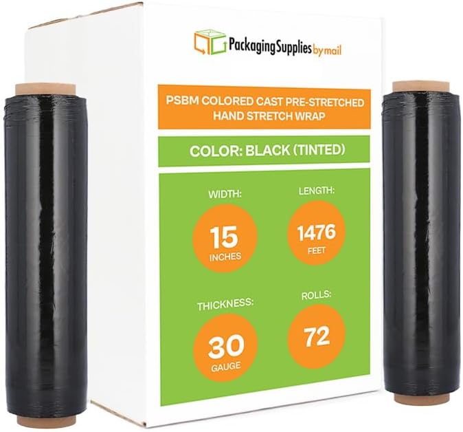 PSBM Black Stretch Wrap, 15 Inch x 1476 Feet, 72 Pack, Tinted Pre-Stretched Shrink Wrap Film for Moving, Packaging, Pallet Wrapping