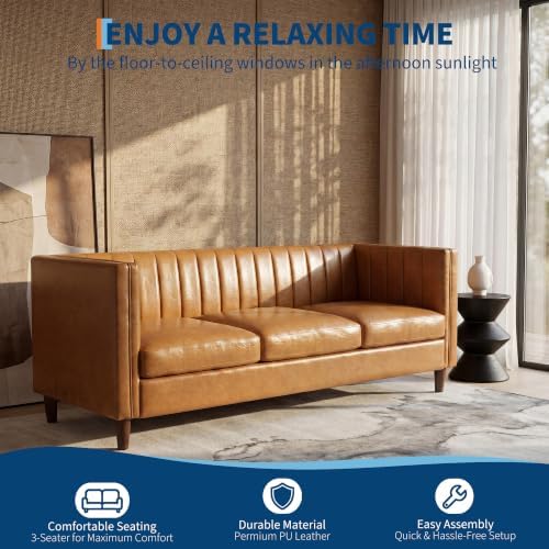 Garvee 81'' Cognac Tan Faux Leather Couch - Image 3