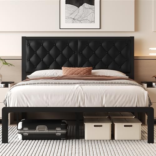 Fluest Queen Bed Frame with Headboard PU Leather Upholstered Bed Frame Platform by Fluest