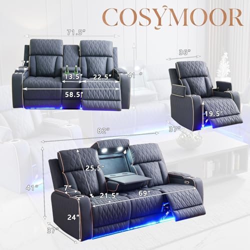 Power Recliner Sofa Set with LED, 3 Pieces Sectional Couch, Sandad Leather - Image 2