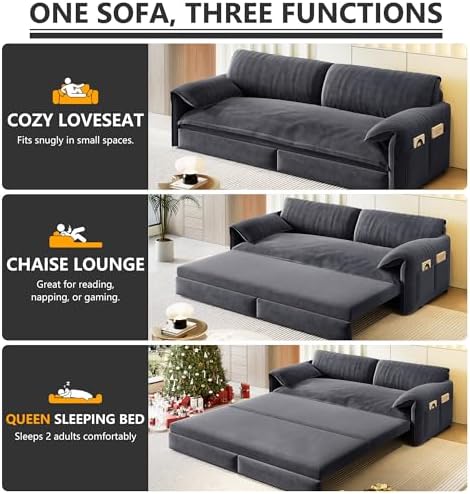 66" Sleeper Sofa Bed Queen Size, Pull Out Convertible Velvet Couch - Image 4