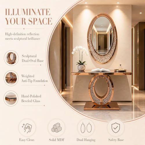 Mirrored Console Table with Crushed Diamond Inlay, 39.3" Oval-Shaped - Image 7