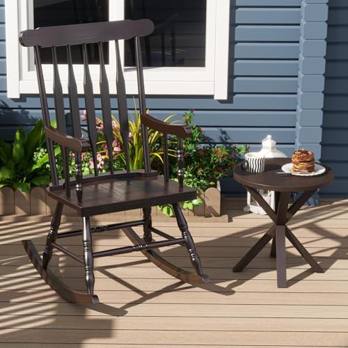 GIANTEX Indoor & Outdoor Wood Rocking Chair, Patio Rocking Chair, Dark Coffee - Image 5