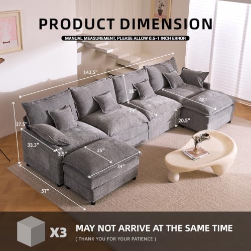 GOSUHI 142.5" U-Shaped Modular Cloud Couch, Deep Seat, Chenille Slate - Image 2