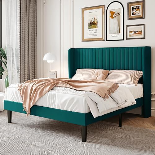 SHA CERLIN Queen Size Velvet Bed Frame, Tufted Wingback Headboard by SHACERLIN