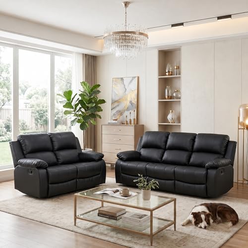 2 Piece Manual Reclining Leather Sofa Set, Reclining Couch Sofa Set Includes 3 by BrisaNube