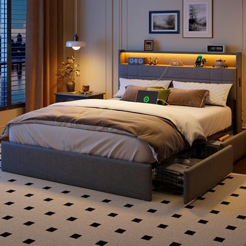 Forestell Queen Bed Frame with 4 Storage Drawers, LED Lights & Charging by Forestell