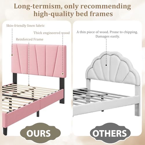 Twin Size Platform Bed Frame for Kids, Linen Upholstered Headboard & Wooden - Image 5