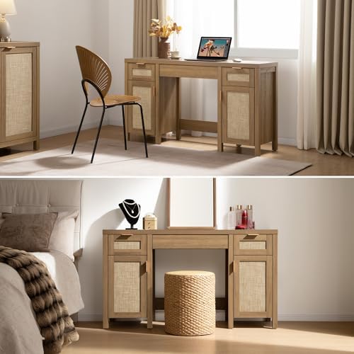 SICOTAS Rattan Vanity Home Office Desk 52" Vanity Table - Image 5