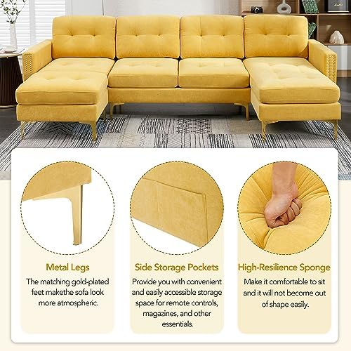 P PURLOVE Velvet Modern Large Sectional Sofa, U Shape Upholstered Couch - Image 6