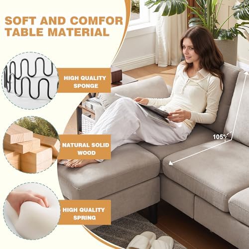 4 Piece Convertible Sectional Sofa Set, Modern Linen Small L Shaped Couch - Image 4
