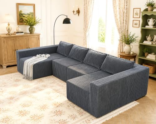 Claiks 128" U Shaped Boneless Couch, Corduroy Sectional Sofa by CLAIKS