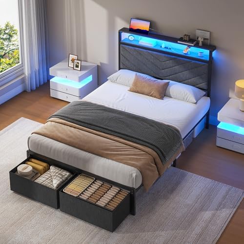 Fluest Twin Bed Frame with Storage Drawers, Upholstered Headboard with Charging - Image 3