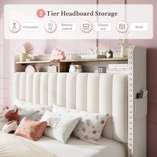 EnHomee Twin Bed Frame with Large Drawer & 2-Tier Storage Headboard Shelf - Image 5