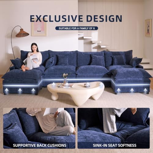 GOSUHI 142.5" U-Shaped Modular Cloud Couch, Deep Seat, Chenille Navy - Image 3