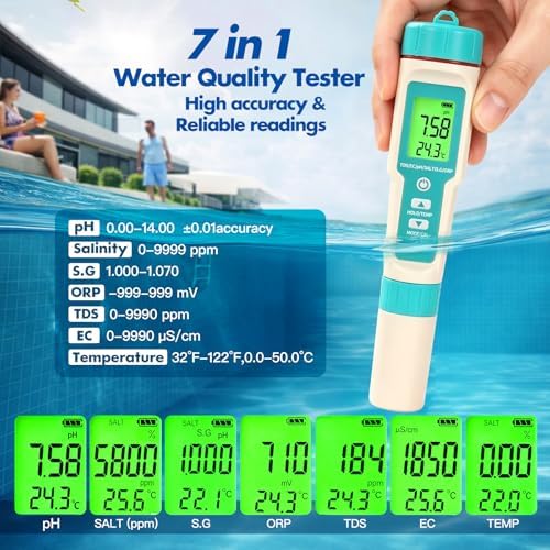 7 in1 Pool Thermometer, PH & Salt Meter, Digital Pool TDS EC ORP SG Salinity - Image 3