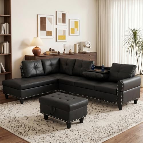 Leather L-Shaped Couch Set, 97.5"L x 69.5"W Sectional Sofas Black - Image 6