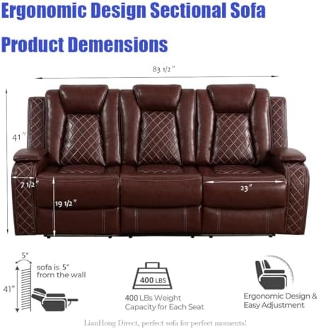 Leather Power Recliner Sectional Sofa, LED Reclining Couch Set - Image 4