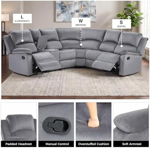 EBELLO Manual Reclining L-Shaped Sectional Sofa Set, Included Soft Microfiber - Image 3