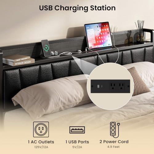 LIKIMIO King Bed Frame with Storage Headboard and Charging Station - Image 4