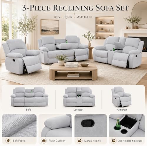 Living Room Furniture Set, 3 Piece Recliner Sofa Set, Leather Recliner Sofa Set - Image 3