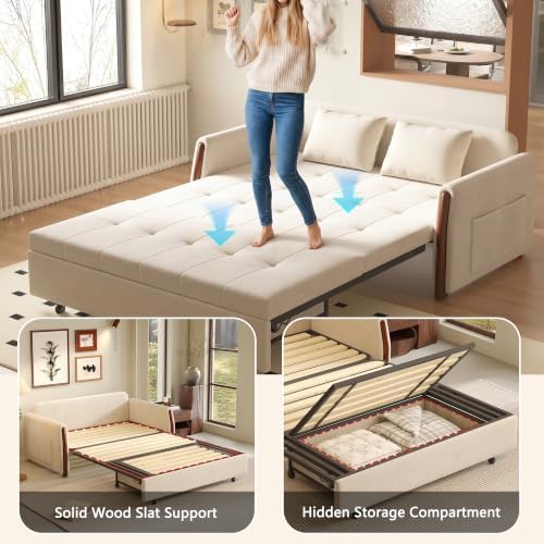 64.56" Pull Out Sofa Bed with Storage, Convertible Sleeper Sofa White - Image 4