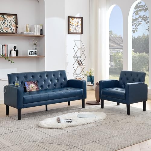 62'' Blue Leather Loveseat Sofa Set by TYBOATLE