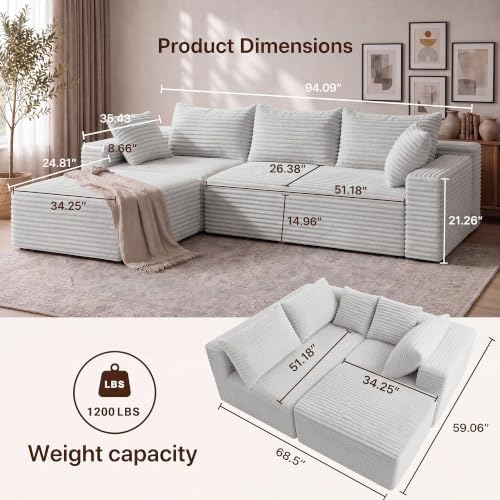 Claiks 94" Boneless Couch, L-Shape Corduroy Modular Sectional Sofa Deep Seat - Image 3