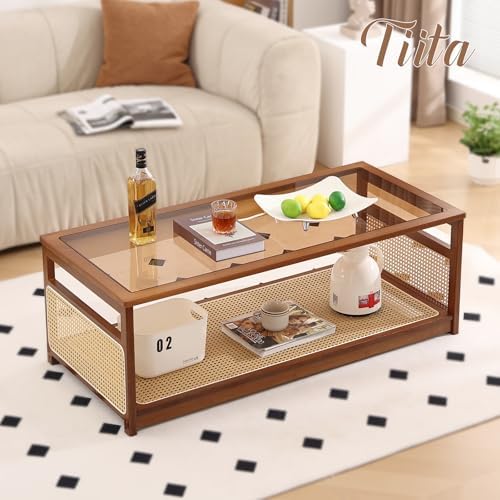 Tiita Large Bamboo Rectangle Coffee Table, Glass Top, Rattan Storage - Image 2