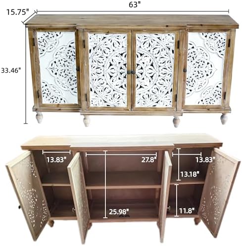 LKTART 63" Solid Wood Sideboard Buffet, Carved Credenza Storage Cabinet - Image 2