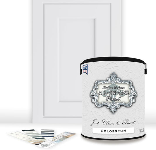ALL-IN-ONE Paint, Durable cabinet and furniture paint. Built in primer and top coat, no sanding needed. Includes our 30 featured color card - Colosseum (white with subtle gray undertone), Gallon